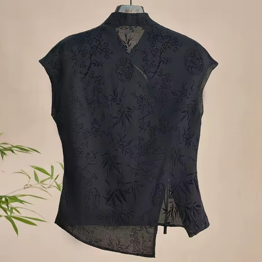 Retro Thin Shirt New Chinese Style Cheongsam TopBlack Jacquard Short Sleeve T-s - Picture 2 of 6